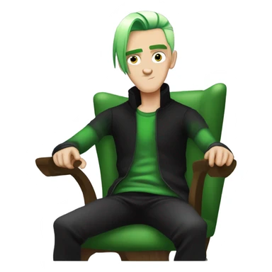 arafed man with green hair and a black shirt sitting in a chair, lil peep, similar to malfoy, style of seb mckinnon, green hair, bright green hair, burtonesque, elfpunk, he looks like a human minion, wry smirk sticker