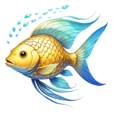 Shimmering golden fish transforming into an omega-3 symbol as it swims toward a luminous brain. Radiant neural pathways extend from the brain, meeting the flowing golden energy from the fish. All elements emit a soft ethereal glow with subtle blue undertones. sticker