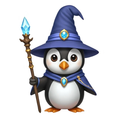 A penguin wizard with a magical staff and a pointy hat sticker