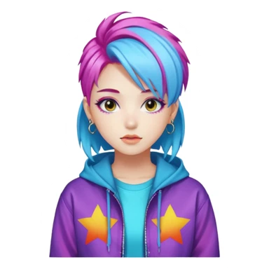 portrait of young woman idol in Kpop style, wearing flashy streetwear outfit, colorful dyed hair sticker