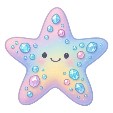whimsical sea star, rainbow pastel, shiny gems, soft texture, gentle smile, not fully realistic, no background sticker
