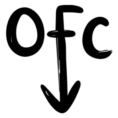 Letters OFC with a downward arrow underneath sticker