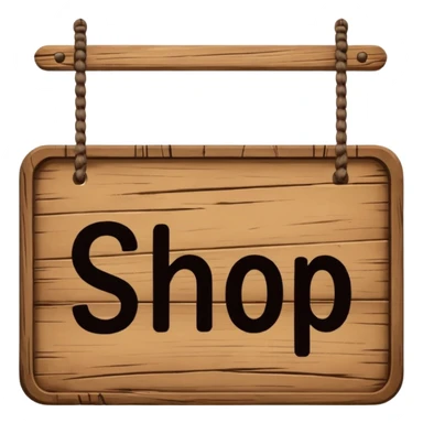 wooden shop sign hanging by two strings, sticker