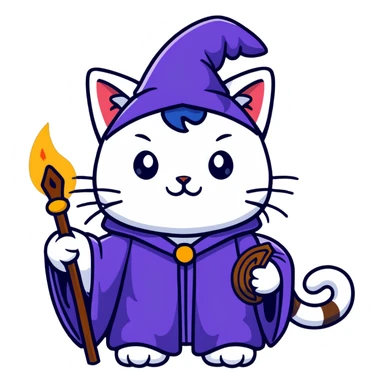 A cat wizard casting a spell with magical staff and flowing robes sticker