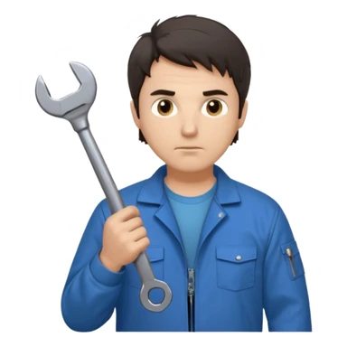 Calm and independent male technician, Caucasian features, short tousled dark hair, serious but composed expression, wearing a blue work jacket over a grey t-shirt, holding a wrench in one hand and a mechanical gear in the other, waist-up, front-facing sticker