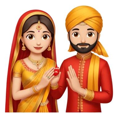 Two hands in a engagement..One hand of groom and one hand of bride. Bride hand - red/yellow saree. groom- light orange punjabi (oonly hands will be visible in the image). Groom's hand is holding a ring sticker