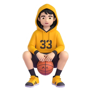 Remove any basketballs and remove his shoes, keep the boy kid in a ring sitting pose, black hoodie (hood off), smirk, black crew socks, black messy hair, black basketball shorts, yellow skin, Microsoft 3D emoji style, with no background. sticker