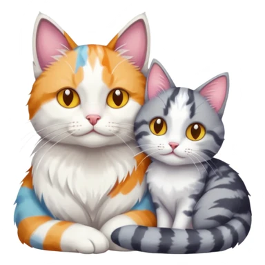 grey and white cat cuddling a colourful light patched calico + white tabby cat sticker