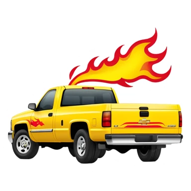 1997 Chevrolet Silverado C-2500 in bright yellow with screen-accurate red flame decal printed on the hood, faithful to Kill Bill movie design, 30-degree angle, iOS emoji style sticker