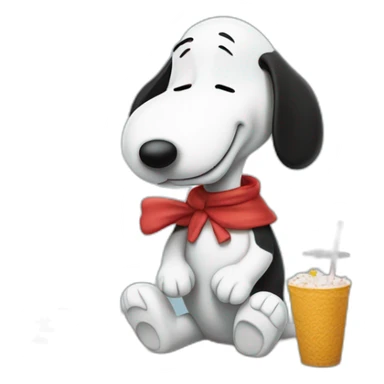 Snoopy holding a straw in his hand against his nose leaning over a table sucking up a pile of sugar sticker