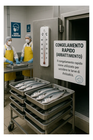 a fish processing facility where freshly caught fish are placed on trays and moved into a large industrial freezer. A temperature gauge shows -20°C, and an educational label explains that rapid freezing (abbattimento) is used to kill Anisakis larvae. The background includes workers in protective clothing and clear signage about food safety. in italiano sticker