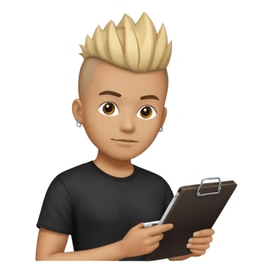 emoji of a bouncer, person with mohawk, black t-shirt, holding a clipboard sticker