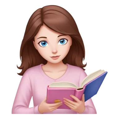woman with brown hair and blue eyes reading a light pink romance book sticker