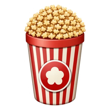 brown popcorn in a paper jar with red and white vertical lines sticker