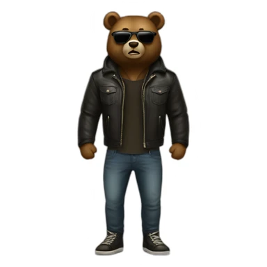 illustration of bear say "Hi!" wear leather jacket sunglasses look like a bad boy, full body sticker