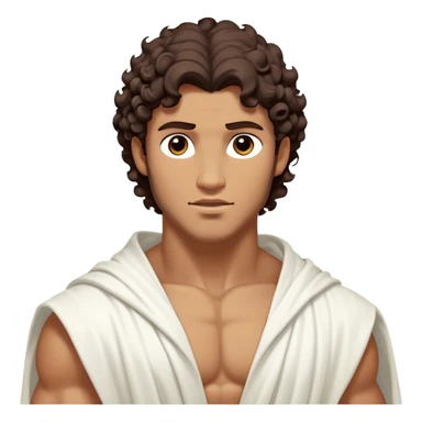 Cinematic Realistic Hercules Portrait, depicted as a classical Greek hero inspired by the Disney version yet echoing the refined proportions and serene dignity of Michelangelo's David. His idealized, tan skin glows with timeless strength, and his thick, curly wavy dark brownhair falls in natural, sculpted curls. Draped in a flowing white robe with delicate golden accents, his expressive eyes radiate determined nobility, all rendered under dynamic natural lighting with a mythic, radiant glow. sticker