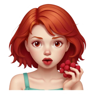 redhead girl with a displeased face eating raspberries sticker