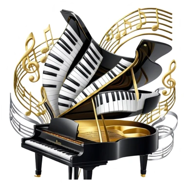 Create a detailed and elegant emoji collage representing keyboard instruments in a celebratory and professional style, reminiscent of a coat of arms. The design should feature a central arrangement of black and white piano keys, forming a symmetrical, powerful image. Around the keys, include a flowing ribbon of musical notes that intertwines with the keys, creating a sense of movement and harmony. Use gold and silver accents to highlight the keys and musical notes, giving the design a festive, high-quality appearance. The design should convey professionalism, elegance, and a sense of occasion. Add subtle reflections on the piano keys to enhance the polished look. The background should be transparent. sticker