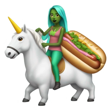 A woman with green skin and a unicorn horn riding a hot dog sticker