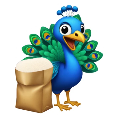 peacock with a bag of sugar sticker