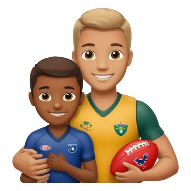 A sportsman has his arm around a young fan and they are holding a AFL sherrin, they are in australian colours, they are smiling, one is white and one is brown sticker