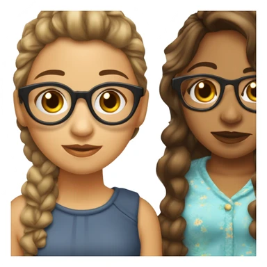 Dos chicas jóvenes, una con piel clara y lentes, otra con piel trigueña, ambas de cabello castaño en estilo mullet y ojos cafés, en pijamas navideñas, dándose un beso sticker