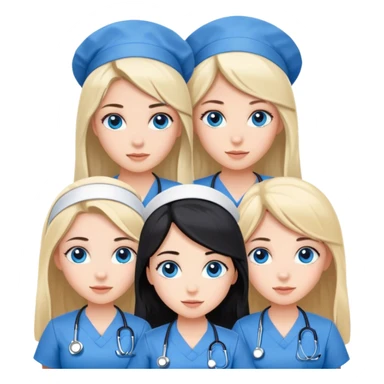 Three girl nurses, one with long brown hair blue eyes, one with long black hair brown eyes, one with short blonde hair blue eyes, all white skin color sticker