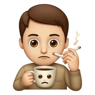 Create an emoji that is tired of life with big eye bags and annoyed. He needs to have a coffee and a used cigarette next to him or his hands  sticker