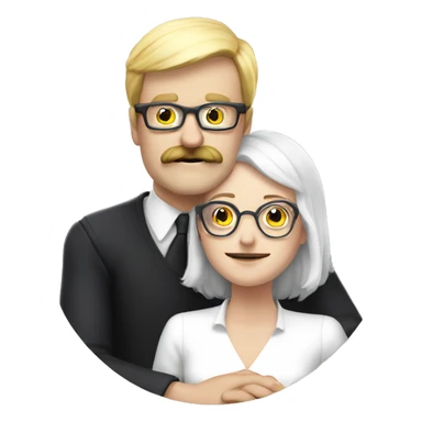 Hug between a bold white man with moustache and glasses and a white woman witch  sticker