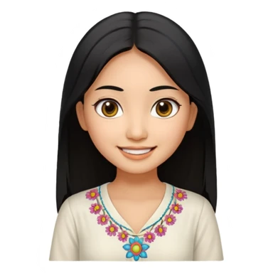 30 yr old asian woman center parted hair big eyes big smile tanned skin straight black hair hippie part hair white blouse sticker