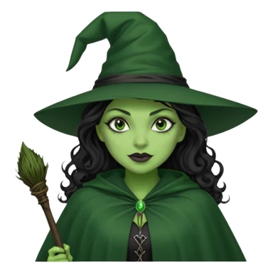 elphaba wicked witch with broom close up, evil dark curly long dark hair, green skin, thick green lips, cheekbones, smirk evil menacing cythia erivo dark aesthetic black hat cloak black broom sticker