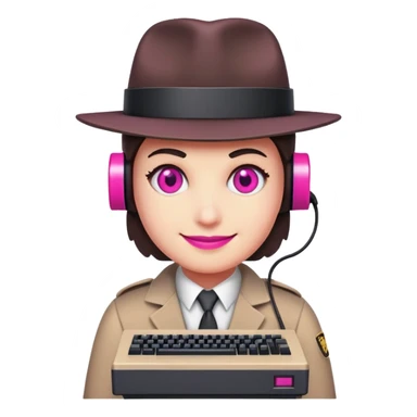 a character with a retro computer for a head, that has hot pink pixelated eyes and a smile, and wearing a detective suit sticker