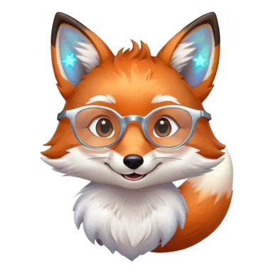 A gentle fox with iridescent fur, a glowing tail, a silver star on its forehead, and round glasses, smiling softly with closed, happy eyes sticker