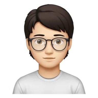 iOS-style emoji
Young man, about 18 years old, with slightly masculine features.
 Slightly Asian eyes, light skin tone, friendly and expressive face.
Accessories and details: Glasses, very dark brown hair, mullet style (short, structured).
Background and clothes: White background and white t-shirt. sticker