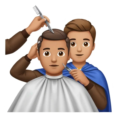 a man with a large face, wearing a barber cape, having his hair cut with scissors above his head sticker