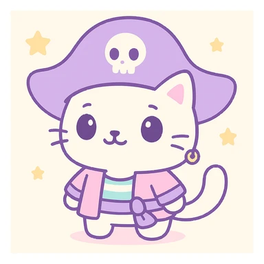 Male pirate cat in kawaii style with an oversized purple hat, cute face, white fur, and a gold earring. sticker