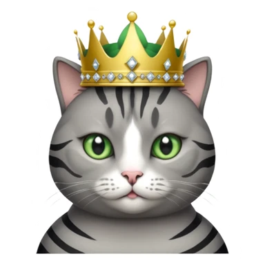 Gatito gris oscura con rayas negras ojos verdes vestida de reina con coronas y diamantes, más peluda y gordita  sticker
