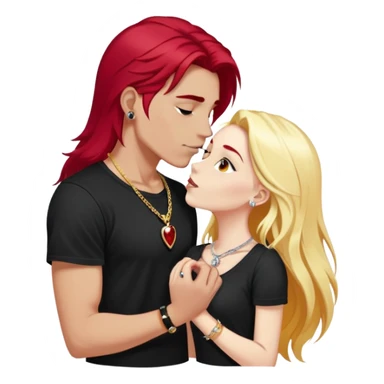close-up of young couple kissing, girl with long cherry red hair and blonde eyebrows, gold A necklace, diamond ring, red bracelet, boy with stark white hair, silver ring with black stone, dark t-shirt sticker