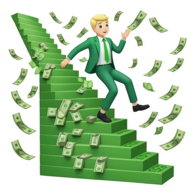 Emoji-style 3D illustration of a person climbing stairs made of money labeled “$10K” and “$20K”, with confetti and upward green arrows, bright optimistic lighting sticker
