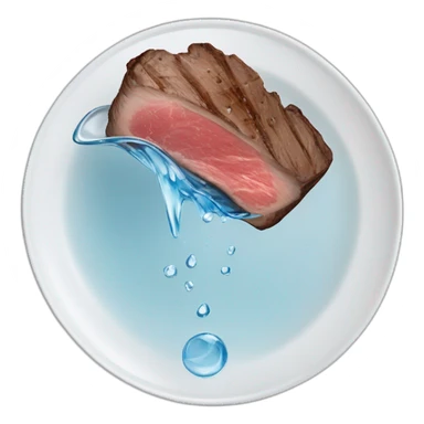 glass of water suspended horizontally in the air above a slice of rare steak on a plate, the water pouring out onto the top of the steak sticker
