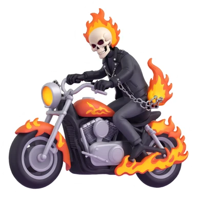 Ghost Rider with flaming skull, leather jacket, motorcycle chains, dramatic pose, 3D style sticker