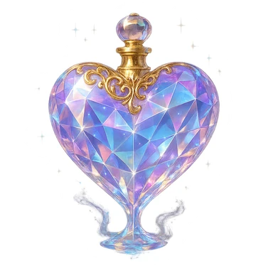 premium class crystal elixir bottle in heart shape, pastel gradient, lots of shine, facets, ornaments, golden details, magical effects, very small golden neck, transparent background, beautiful merging base, clearly floating in air, no ground or shadow, very luxurious, matching a collection sticker