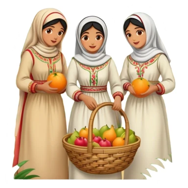 A nostalgic and culturally rich scene of Palestinian women dressed in traditional embroidered thobes harvesting fruit in an orchard. Their vibrant and intricately designed dresses reflect deep heritage, while their coordinated efforts—picking, sorting, and collecting fruit in a woven basket sticker