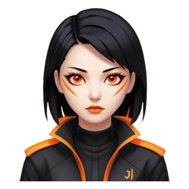 Cyberpunk Japanese woman, mid-50s looking young, sharp features, sleek black hair, glowing orange eyes, vengeful expression, neon highlights. sticker