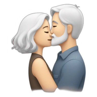 image of woman with dark brown hair kisses and hugs man with gray hair and white beard with floating hearts sticker