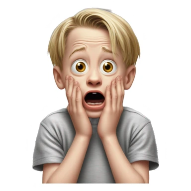 macaulay culkin child from Home Alone, putting both hands on his face and screaming of fear. bring the hands down lik he is putting on his cheeks. sticker