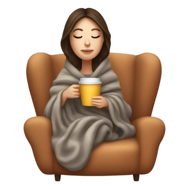 Brunette white girl covered in blanket autumn vibe sitting on a cozy chair holding coffee eyes closed sticker