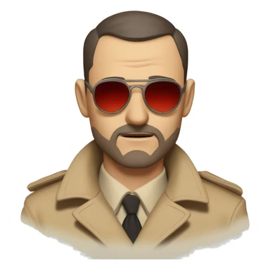 1930s investigator, a Caucasian man with short, buzz cut dark hair and a rough beard, wears tiny red-tinted sunglasses and a dirty beige trench coat. He has a serious demeanor. sticker