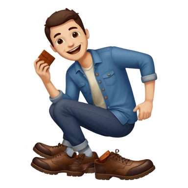 Man laughing with chocolate stain on shoe sticker