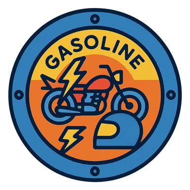 circular motorcycle gas cap design, transparent background, text 'GASOLINE', motif: lightning, motorcycle, helmet, dynamic style sticker